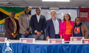 In a bid to address the critical shortage of teachers and improve the state of education in the country, the Jamaica Teachers’ Association (JTA) launched the Go Public! Fund Education campaign at teh JTA Head offices on Friday and saturday, March 21 and 22, 2025. The initiative aims to tackle the teacher shortage by enhancing educational infrastructure and teacher remuneration. pictured are JTA IPP, Leighton Johnson, President Elect mark Malabver, JTA President, Dr. Mark Smith, Education International Go Pu