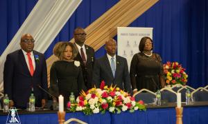 Education Skills, Youth and Information Minister,  Senator Dr. the Hon. Dana Morris Dixon,  (2nd left) listens attentively to the playing of the National Anthem as she attended the JTA Annual Conference at the Princess Grand Hotel in Hanover over the period August 18-20,2025. Also pictured are, (1st from left) Immediate Past President, Leighton Johnson, JTA/MoE Liaison Officer, Winston Smith,  New Custos of Hanover, Lennox Anderson-Jackson   and Regional Officer, South Central, Mrs Georgia Waugh Richards. T