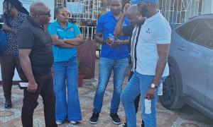  JTA Volunteers and President strategising while on one of the Associations Hurricane relief trips.  From L-R are :  Past President, Leighton Johnson, Andrea Bryan Hughes, Dr Mark Smith , Immediate Past President, Mr Clayton Hall, Deputy Secretary General and JTA President, Mark Malabver